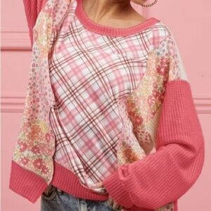 BiBi Mixed Print Top – Deep Coral Waffle Knit Floral + Plaid – NWOT